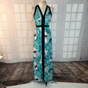 Parker green floral black trim silk blend front slit maxi dress size XS